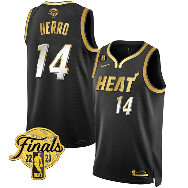 Men's Miami Heat #14 Tyler Herro Black Gold Edition 2023 Finals Collection With NO.6 Patch Stitched Basketball Jersey Men's Miami Heat #14 Tyler Herro Black Gold Edition 2023 Finals Collection With NO.6 Patch Stitched Basketball Jersey